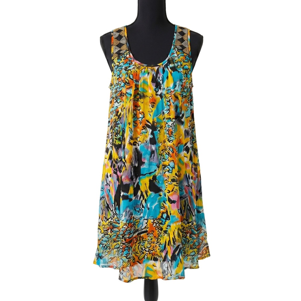 ALBERTO MAKALI Beaded Shoulder Abstract Shift Dress Silk-Feel Medium NWT $250 - Picture 2 of 7